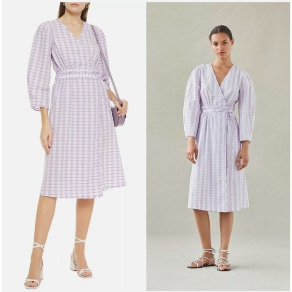 Baum Und Pferdgarten Abylene Check Plaid Liliac Wrap Midi Dress Career Size US 6 - Picture 14 of 14